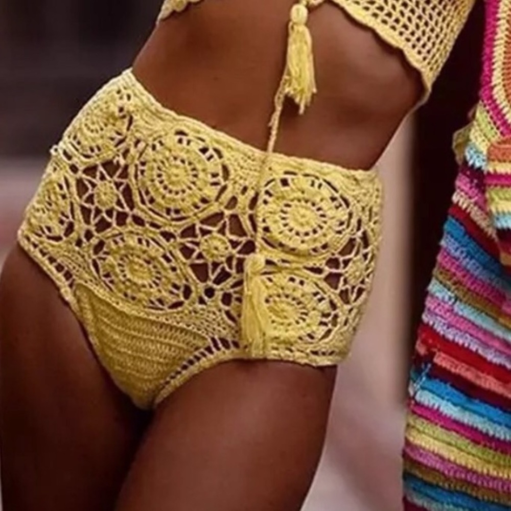 Crochet High-Waist Bikini Bottoms - Yellow